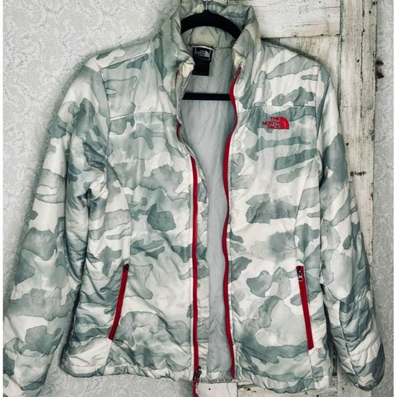 North Face Jacket Puffer Gray & White Camo Zippered Pockets Woman’s Size Medium - Picture 7 of 9